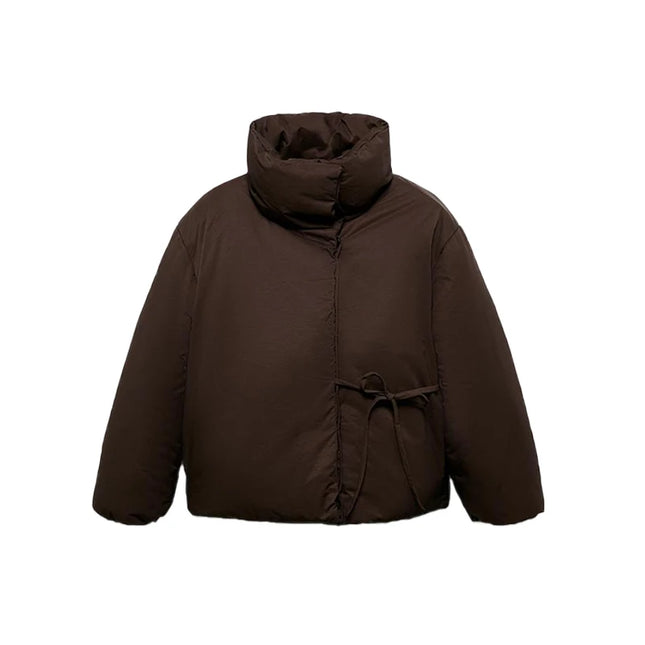 Fashion Lace Up Brown Cotton Jacket Women Loose Stand Collar Full Sleeve Thick Coat 2025 Autumn Winter Lady Warm Street Outwear