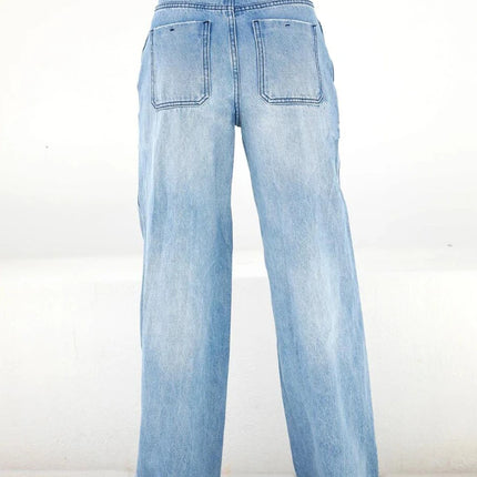 Women Jeans Wide Leg Pants Denim Pockets Streetwear Loose High Waist Full Length Washing Zipper Fly Flat Solid Color 2024