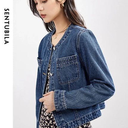 SENTUBILA Pure Cotton Denim Jacket Women 2025 Spring Autumn Outerwear Round Neck Pockets Cropped Jeans Coat Womans W41W53402