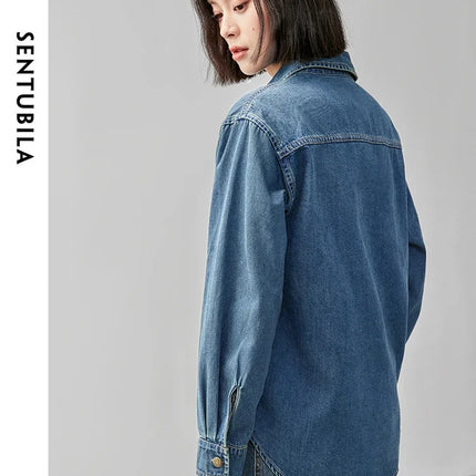 SENTUBILA 100% Cotton Washed Denim Jacket for Women 2025 Spring Retro Loose Patchwork Pockets Leather Logo Coat W43C56148