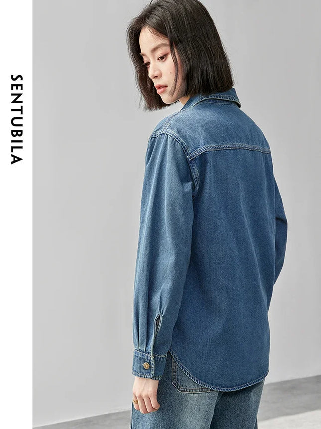 SENTUBILA 100% Cotton Washed Denim Jacket for Women 2025 Spring Retro Loose Patchwork Pockets Leather Logo Coat W43C56148