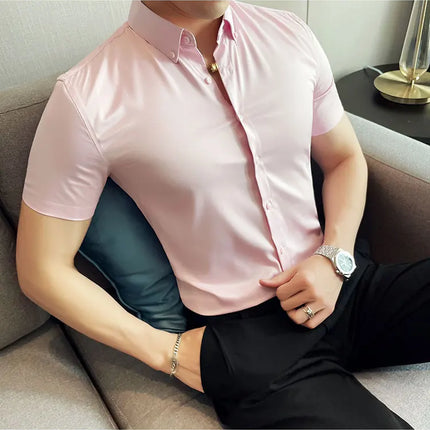 2025 Summer Solid Slim Fit Shirt High Quality Men Business Casual Short Sleeved Social Party Shirts Men Clothing Plus Size 5XL-M