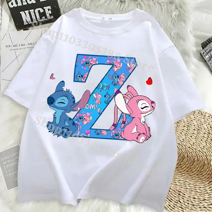 Disney Stitch T-shirts for Women Men Anime Letter A-Z Printed Short Sleeved Shirt Female Male Summer Fashion Top Adults Clothes