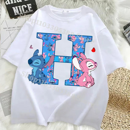Disney Stitch T-shirts for Women Men Anime Letter A-Z Printed Short Sleeved Shirt Female Male Summer Fashion Top Adults Clothes