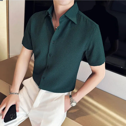 2023 Summer Waffle Short Sleeved Shirt Men Fashion Casual Solid Color Lapel Loose Shirt Male Korean Social Business Dress Blouse