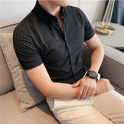 High Quality Pinstripe Casual Shirts  For Men 2024 Summer Slim Fit Business Social Elastic Social Party Shirt Plus Size 4XL-M