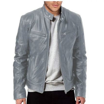 Men's Faux Leather Jacket Autumn Fashion Solid Color Zipper Motorcycle Jacket Men's Casual Long Sleeve Zipper Button Jacket