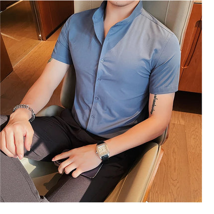 Men's Summer Fashion Stand Collar Business Casual Short Sleeve Shirt Luxury Slim Fit Solid Dress Shirt Brand Men Clothes 5XL-M