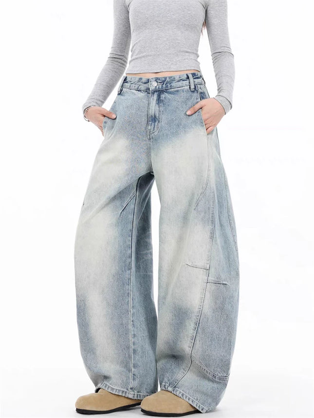Summer Women's Light Blue Curved Wide Legs Baggy Jeans Vintage Trousers Cool Girl Bottoms Female High Waist Denim Pants