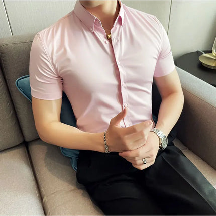 2025 Summer Solid Slim Fit Shirt High Quality Men Business Casual Short Sleeved Social Party Shirts Men Clothing Plus Size 5XL-M