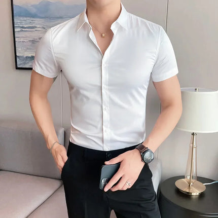 2025 Summer Solid Slim Fit Shirt High Quality Men Business Casual Short Sleeved Social Party Shirts Men Clothing Plus Size 5XL-M