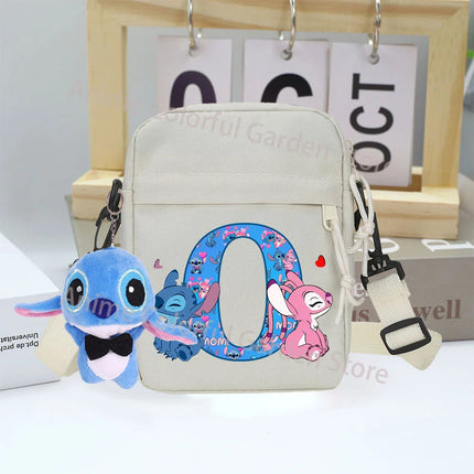 Disney Stitch Canvas Shoulder Bags with Doll Cartoon Letter A-Z Printed Fashion Handbag Multi Pocket Zipper Crossbody Bag Gifts