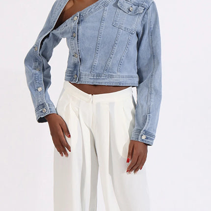 VGH Streetwear Spliced Button Chic Denim Jacket for Women Diagonal Collar Long Sleeve Patchwork Pockets Slim Short Coat Female