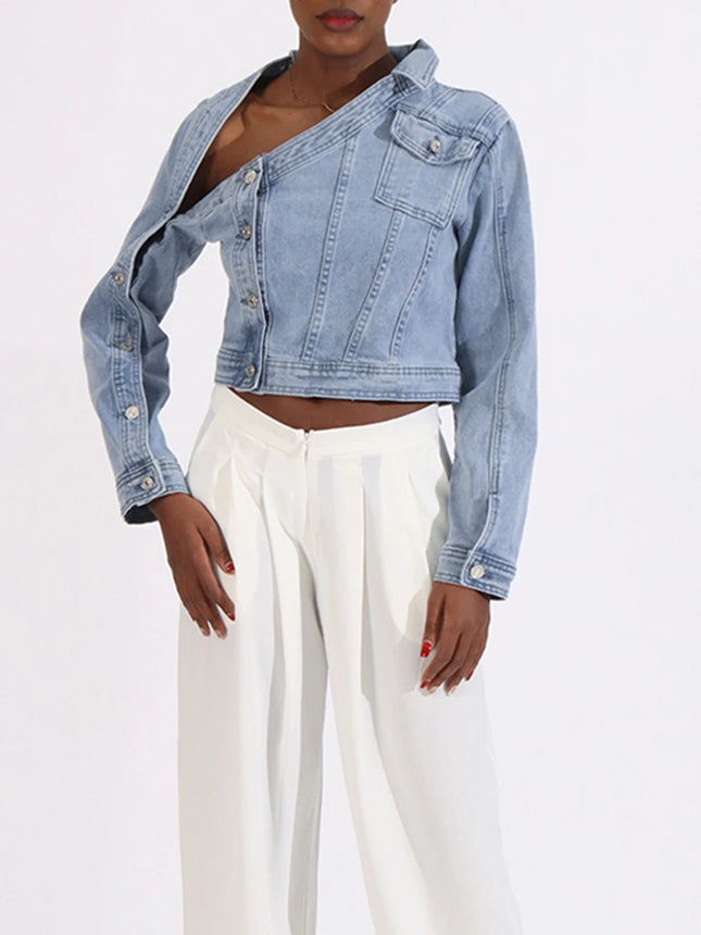 VGH Streetwear Spliced Button Chic Denim Jacket for Women Diagonal Collar Long Sleeve Patchwork Pockets Slim Short Coat Female