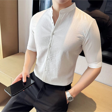 2024 Summer New Chinese Style Linen Shirts Men's Half sleeve Stand-Up Collar Linen Cotton Business Casual Slim Versatile Shirts