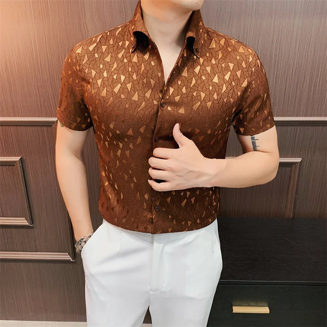 2024 Summer Fashion Printed Shirts High Quality No Ironing Slim Fit Short Sleeve Social Formal Shirt Club Outfits Tuxedo 4XL-M