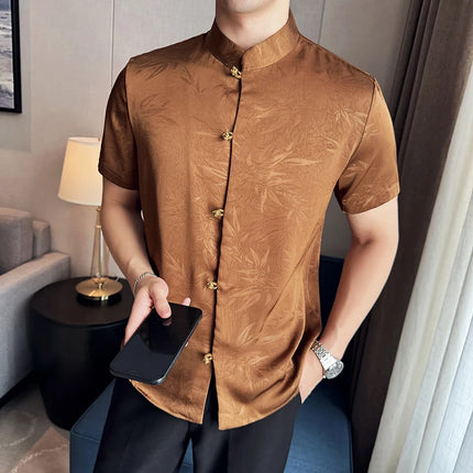 2024 Summer Chinese Style Standing Collar Shirts For Men Fashion Print Short Sleeve Slim Fit Casual Social Party Tuxedo 4XL-M