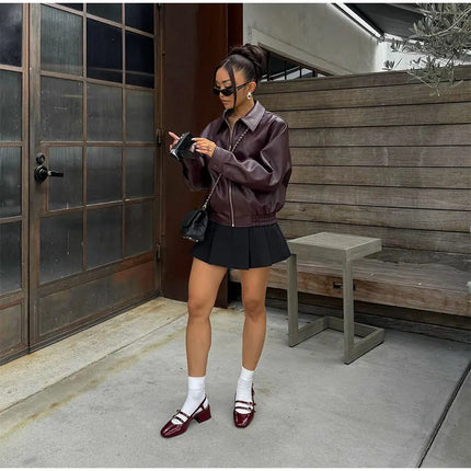 Women Red Wine Leather Short Jackets With Belt Vintage Turndown Collar Long Sleeve Coats 2024 Female Chic Streetwear Cardigan