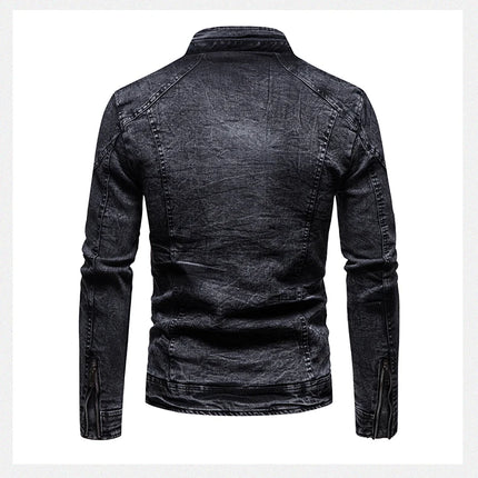 Cowboy jacket men's retro style personalized slim fit stand up collar zipper warm workwear jacket motorcycle riding suit