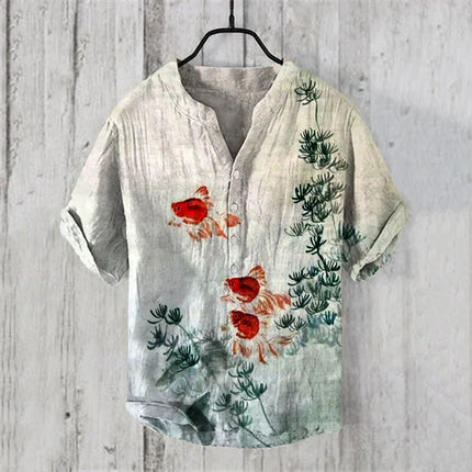 New style simple flower V-neck short-sleeved shirt foreign trade fashion casual loose T-shirt shirt bamboo linen shirt top