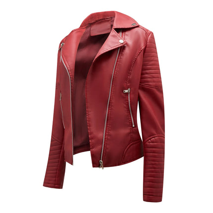 Spring and Autumn short women's leather jacket, Slim lapel biker suit, oblique zipper jacket women's coat