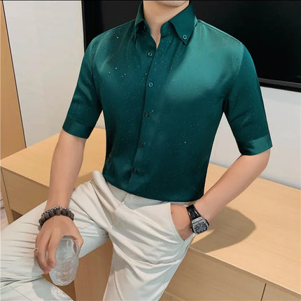 Summer New Powder Shiny Shirts Fashion Men's V-neck Half Sleeve Slim Fit Casual Shirts Social Personality  Top Club Outfits