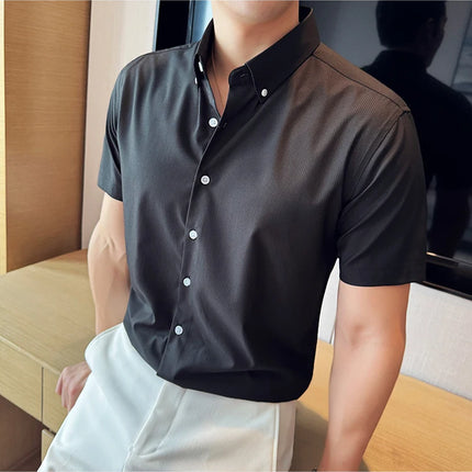 Plus Size 4XL-M High Quality Bamboo Fiber Fabric Dark Stripes Shirts Men Summer Slim Fit Casual Thin Breathable Social Shirt