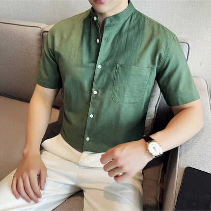 Summer New Chinese Style Linen Cotton Shirts Men's Standing Collar Short Sleeved Thin Breathable Shirt Tops Streetwear 4XL-M