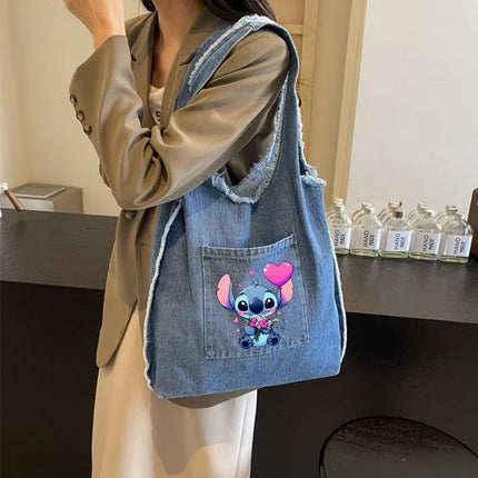 Disney Stitch Fashion Retro Denim Bag Women Anime High-capacity Shoulder Bag Female Students Commute Handbag Popular Tote-bag