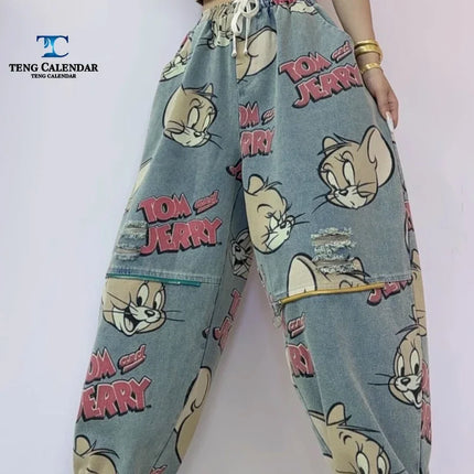 Korean Fashion Cartoon Printed Denim Jacket, Loose Fit Plus Size Short Cardigan Trend, Women's 2025 Autumn New Style