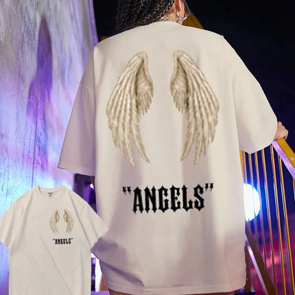 Wings Angels Printing Female Cotton T-Shirt Clothing Creativity All-math Tshirts O-Neck High Street Tops Womens Short Sleeve Tee