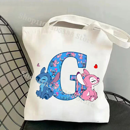 Disney Stitch Fashion Canvas Tote Bag for Women Anime Letter A-Z Printed Shoulder Bag Students Commute Portable Handbags Gifts