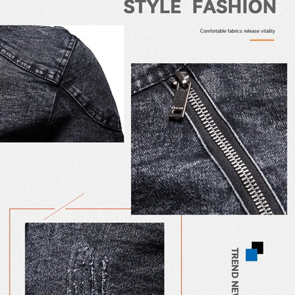 Cowboy jacket men's retro style personalized slim fit stand up collar zipper warm workwear jacket motorcycle riding suit