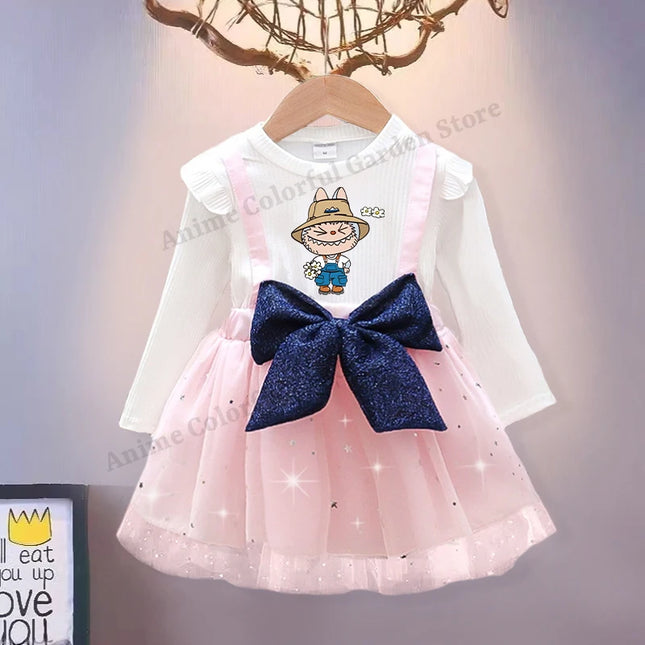 Labubu Sweet Mesh Dress with Bow for Girls Anime Cartoon Cute Suspender Skirt Children Spring Fashion Fake Two Dresses Gifts