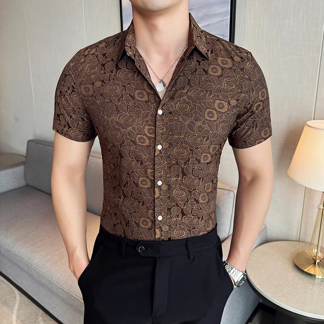 2025 Summer New Flower Shirts Men Short Sleeve Retro Casual Shirts Fashion Versatile Business Slim Social Party Tuxedo Blouse