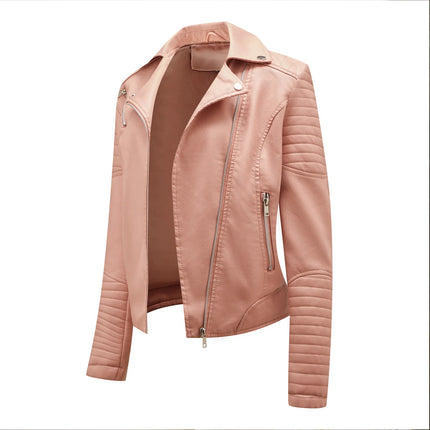 Spring and Autumn short women's leather jacket, Slim lapel biker suit, oblique zipper jacket women's coat