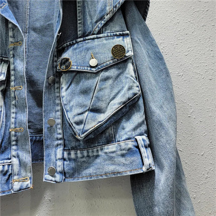 WTHT Fashion Women Metal Chain Decoration 3D Pocket Cargo Denim Jacket 2025 Summer Trendy Lapel Long Sleeves Coat Female 1LS1390