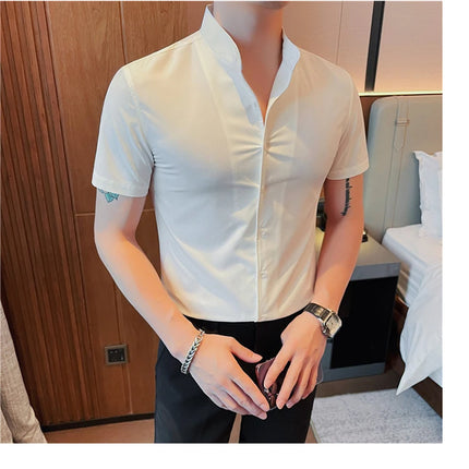 Men's Summer Fashion Stand Collar Business Casual Short Sleeve Shirt Luxury Slim Fit Solid Dress Shirt Brand Men Clothes 5XL-M
