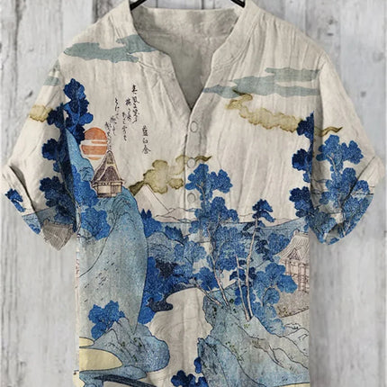 Henry men's casual fashion outdoor seaside men's tops shirt V-neck linen shirt 2024 new plus size