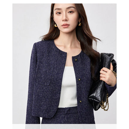 SENTUBILA Spring Women's Jackets 2025 Straight Cropped Office Lady Crewneck Long Sleeve Single Breasted Formal Coat 151W58771