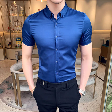 Neckline Embroidery Shirts Men Summer Short Sleeve Slim Fit Casual Shirt Men Solid Color Business Party Dress Shirt Streetwear