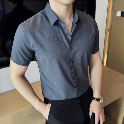 High Quality Ice Silk Elastic Jacquard Shirts 2024 Summer New Men Casual Short Sleeved Slim Fit Business Versatile Shirt 4XL-M