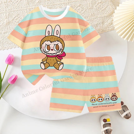 2pcs Labubu T-shirts Shorts Set for Children Pop Mart Fashion Striped Short Sleeved Shorts Suit Boys Girls Summer Clothes Suits