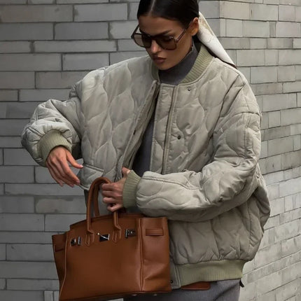 Chic Zipper With Button Quilted Bomber Cotton Jacket Women Casual Single Breasted Long Sleeve Pocket Coat Fall Lady Warm Outwear