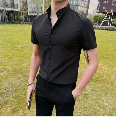 Men's Summer Fashion Stand Collar Business Casual Short Sleeve Shirt Luxury Slim Fit Solid Dress Shirt Brand Men Clothes 5XL-M