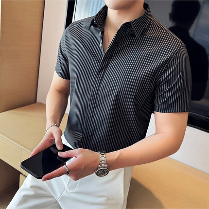 2024 Summer Fashion Vertical Striped Shirts Luxury Men's Hidden Button Short Sleeved Slim Fit Casual Business Shirt Men Clothing