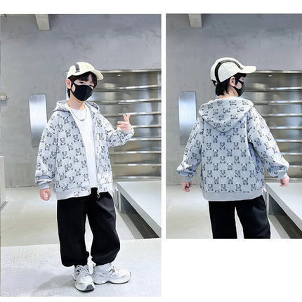 Spring Autumn Boys All-Over Printed Zip Sweatshirt Jackets School Kids Track Hoodie Coat Child Outfit Tops Workout Jumper 3-14Yr