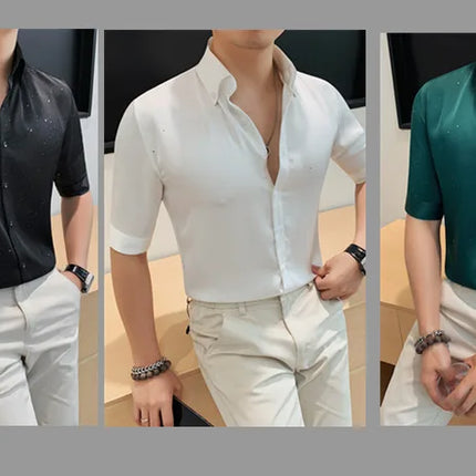 Summer New Powder Shiny Shirts Fashion Men's V-neck Half Sleeve Slim Fit Casual Shirts Social Personality  Top Club Outfits