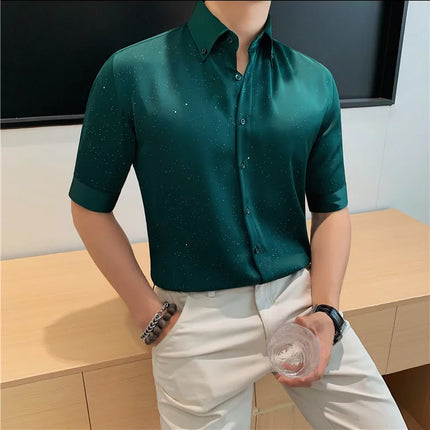 Summer New Powder Shiny Shirts Fashion Men's V-neck Half Sleeve Slim Fit Casual Shirts Social Personality  Top Club Outfits