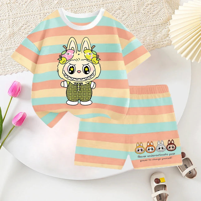 2pcs Labubu T-shirts Shorts Set for Children Pop Mart Fashion Striped Short Sleeved Shorts Suit Boys Girls Summer Clothes Suits